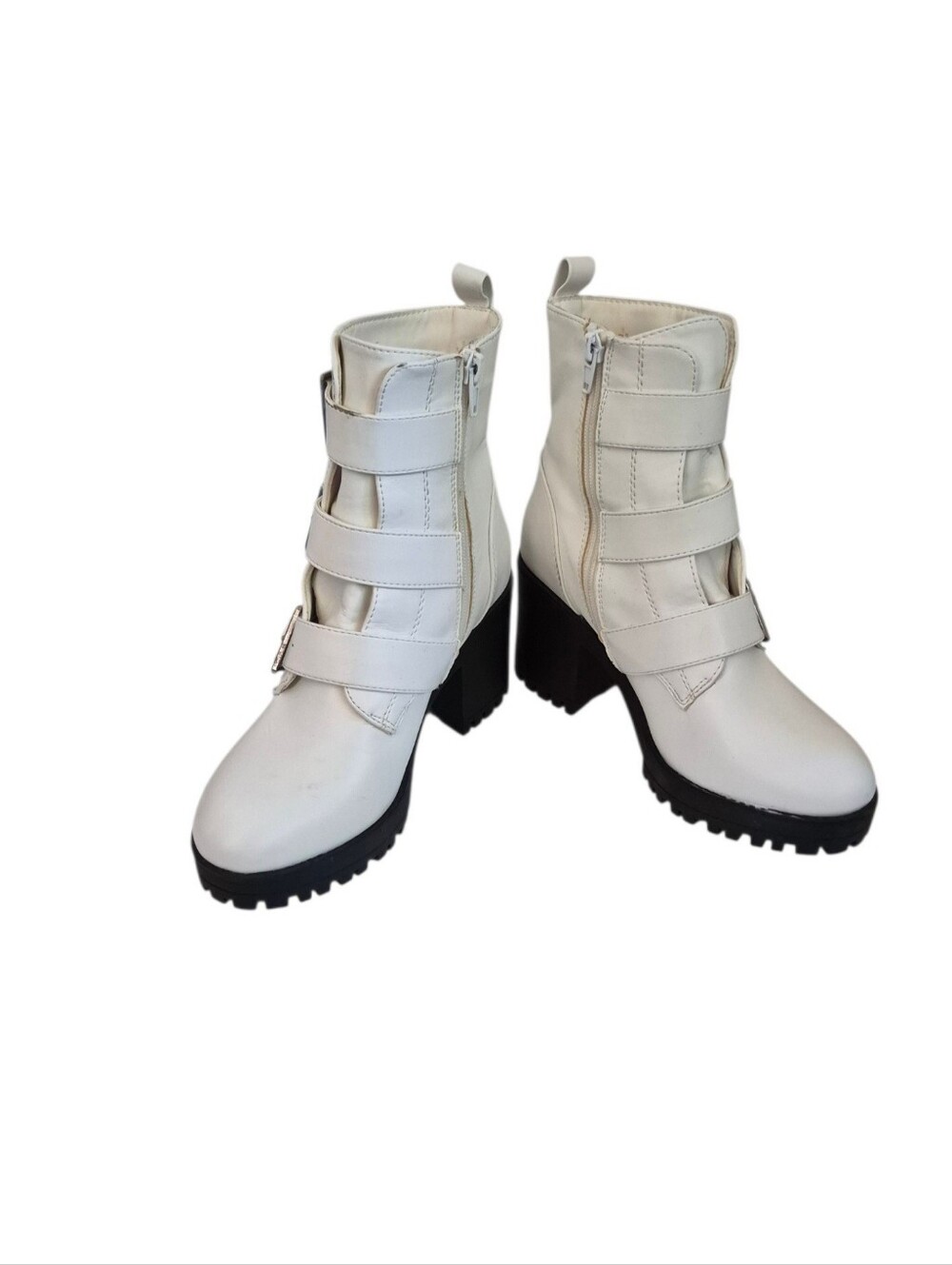 Forever 21 White Women's Y2K Chunky Heel Buckle Zip Ankle Boots. Sz 5.5 EUC